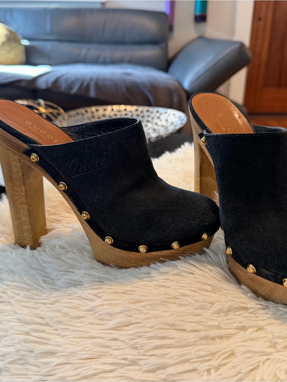 Gucci Black Suede Platform Clog Mules with Gold Studs and Wood Heel